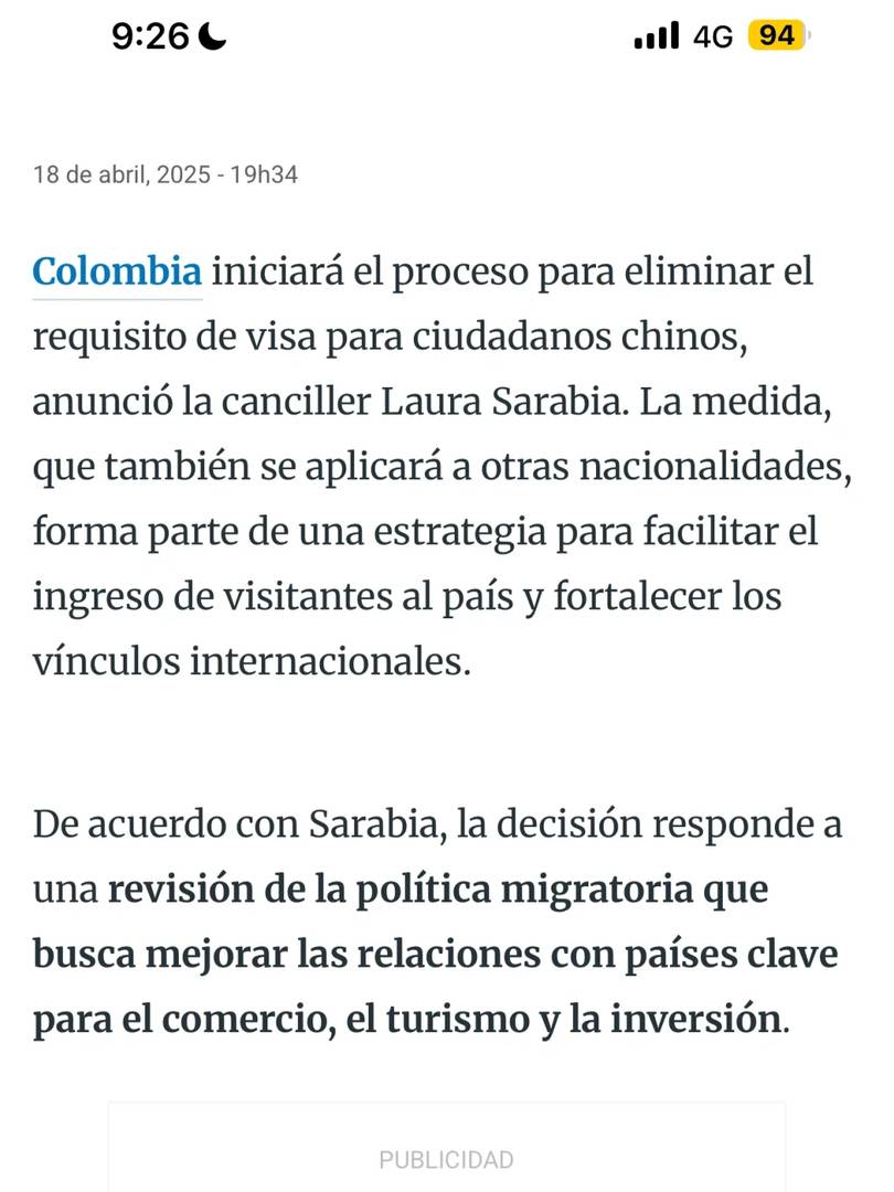 Colombia Initiates Visa Exemption Process for Chinese Nationals Traveling to Colombia
